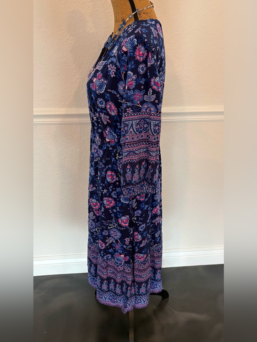 Soft Surroundings Jordana LP Dress Blue Floral Embroidered Sequined Large Petite - Picture 12 of 13